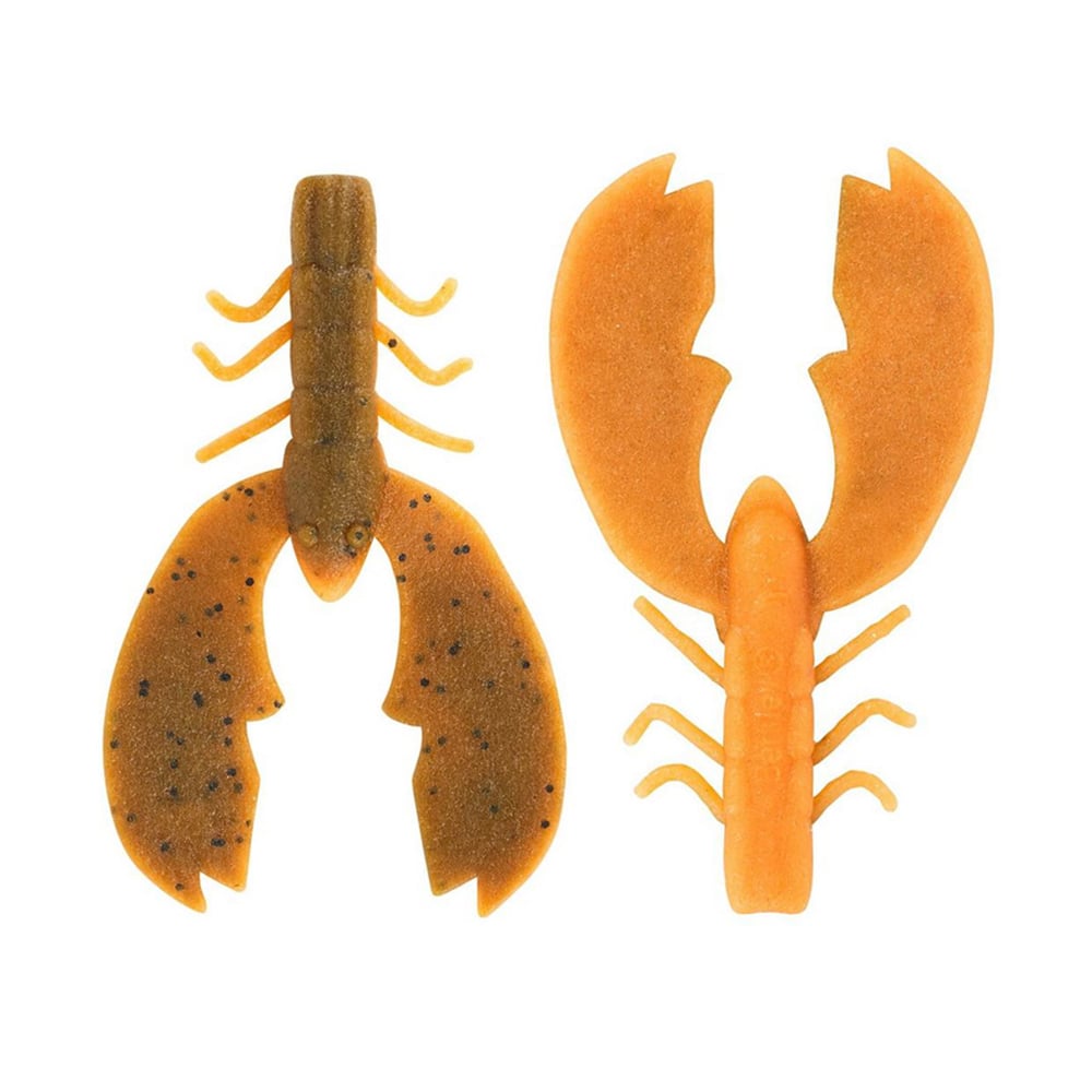 Two Berkley PowerBait MaxScent Chigger Craw lures, lobster-shaped for bass fishing, come in orange and brown. The left has darker speckles, while the right is plain orange. Both feature detailed claws and legs with enhanced attraction.