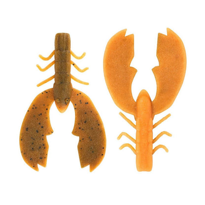 Two Berkley PowerBait MaxScent Chigger Craw lures, lobster-shaped for bass fishing, come in orange and brown. The left has darker speckles, while the right is plain orange. Both feature detailed claws and legs with enhanced attraction.