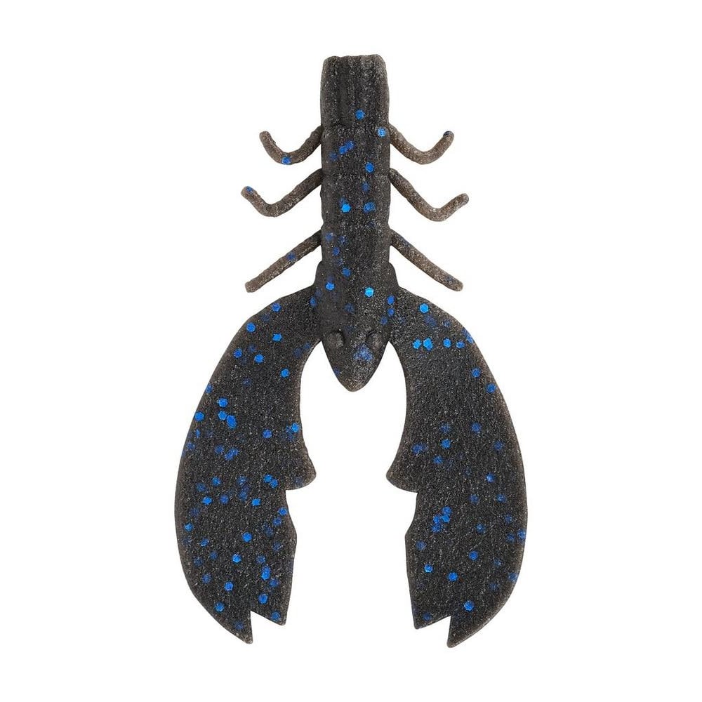 Introducing Berkley's Powerbait MaxScent Chigger Craw, a black rubber lobster bait with blue speckles, perfect for bass fishing. It showcases detailed claws, legs, and antennae enhanced by PowerBait MaxScent technology for irresistible allure.