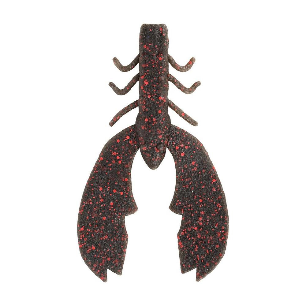 The Berkley Powerbait MaxScent Chigger Craw, by Berkley, is a black and red speckled crawfish-shaped lure with large claws and antennae, perfect for bass fishing enthusiasts. Viewed from above on a white background, it's ideal for attracting your next big catch.