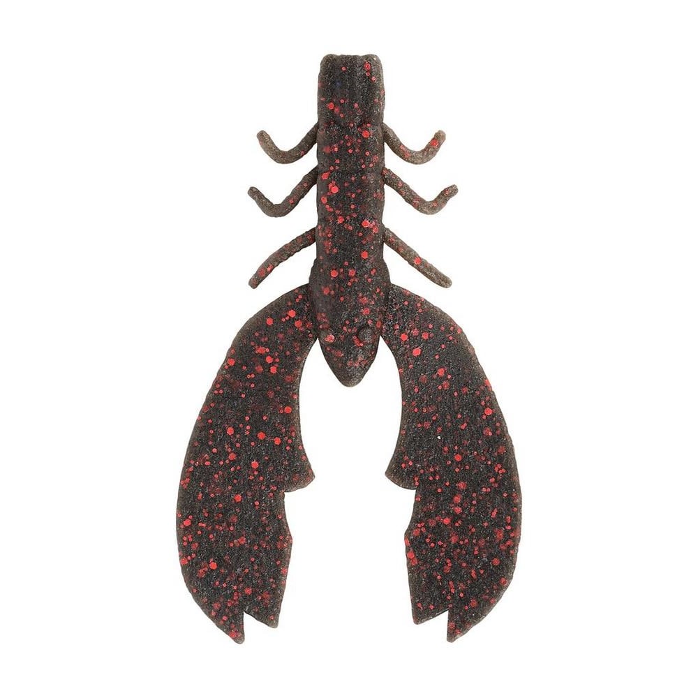 Introducing the Berkley Powerbait MaxScent Chigger Craw, a top-notch rubber fishing lure by Berkley ideal for bass fishing. It's shaped like a crawfish, black with red speckles, and features a segmented tail, small legs, and two large claws to attract trophy catches.