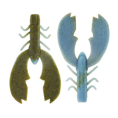 Pair of Berkley PowerBait MaxScent Chigger Craws, with one in olive green speckles and the other in blue, ideal for bass fishing lovers. These silicone bait lures offer irresistible appeal and are isolated on a white background.