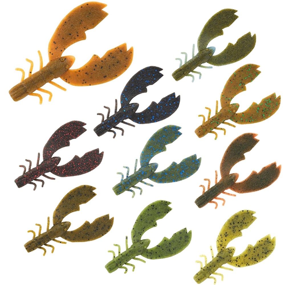 The image displays ten Berkley Powerbait MaxScent Chigger Craw lures by Berkley, featuring claws and antennae in vibrant colors such as brown, black, green, blue, and orange. These are perfect for bass fishing and are showcased on a white background.