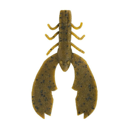 Introducing the Berkley Powerbait MaxScent Chigger Craw, a lifelike bait ideal for bass fishing. Shaped like a lobster with green and black speckles, it has detailed segments, claws, and legs to lure fish. Made with PowerBait MaxScent technology for unbeatable attraction.