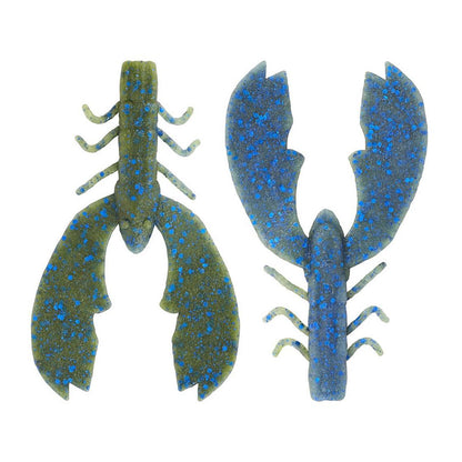 Two toy lobsters, one green with blue spots and the other blue with green spots, are on a white background. These cartoonish sea creatures feature detailed claws and antennae, capturing the playfulness of underwater environments like Berkley's Powerbait MaxScent Chigger Craw in bass fishing.