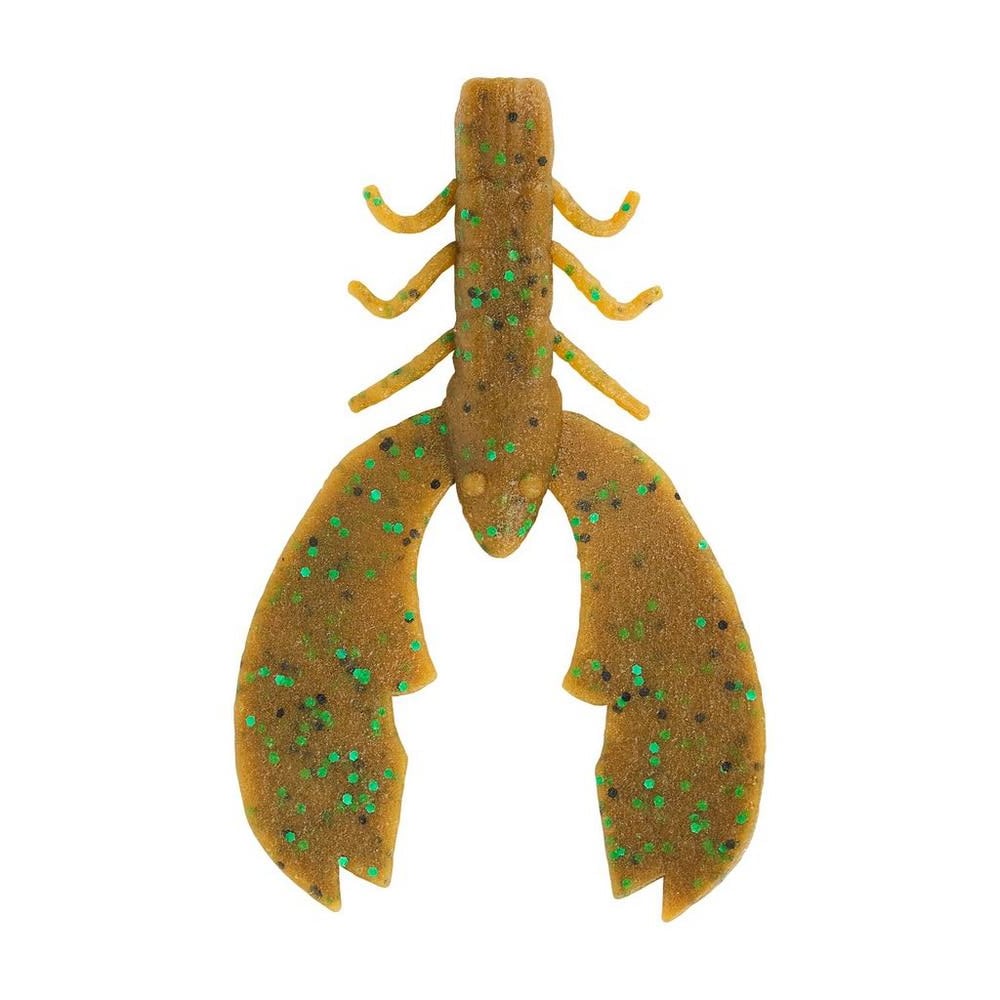 The Berkley Powerbait MaxScent Chigger Craw is a brown, lobster-shaped soft plastic lure for bass fishing. It boasts large claws, a segmented body speckled with green and black glitter, and uses PowerBait MaxScent to attract fish.