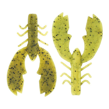 The Berkley PowerBait MaxScent Chigger Craw lures, designed for bass fishing, are yellow-green and mimic lobsters with speckled black spots. Detailed claws and segments make them perfect for discerning anglers seeking exceptional attraction.