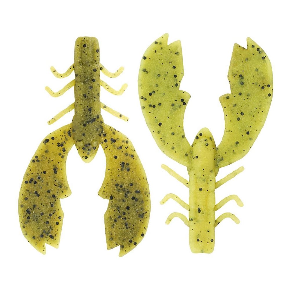 Two Berkley Powerbait MaxScent Chigger Craw lures in green and yellow, speckled with black, are perfect for bass fishing. One shows claws and legs from above, the other reveals its underside—ideal companions for your next angling adventure.