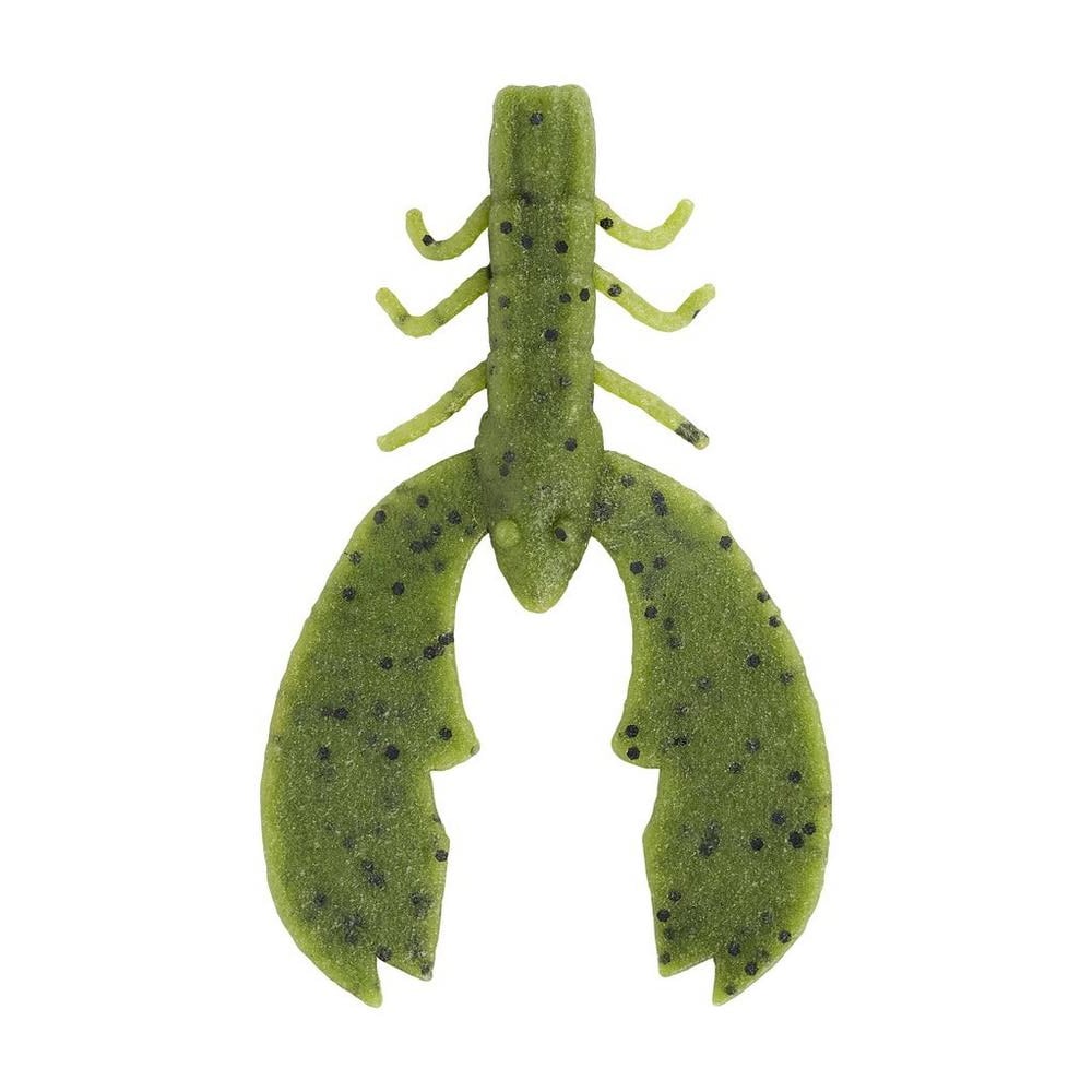 The Berkley PowerBait MaxScent Chigger Craw by Berkley is a green, lobster-shaped fishing lure with textured details and black speckles. Ideal for bass fishing, it resembles a crawfish or crayfish, using PowerBait MaxScent to enhance its appeal.