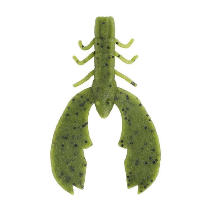 The Berkley Powerbait MaxScent Chigger Craw is a green, lobster-shaped fishing lure with large claws and small black spots, featuring the brand's signature detailed segments and antennae, making it ideal for bass fishing and adding magic to your tackle box.