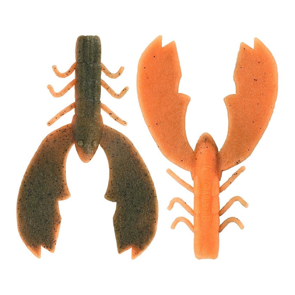 The Berkley Powerbait MaxScent Chigger Craw soft plastic lures, ideal for bass fishing, feature two crayfish designs with detailed claws and tails. One is dark brown with orange accents, the other predominantly orange, perfectly mimicking real crayfish.