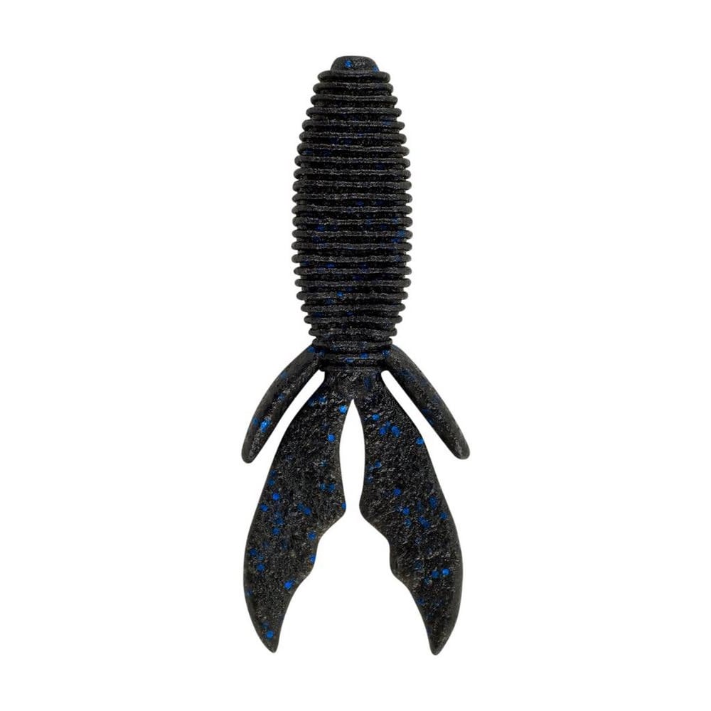 The Berkley PowerBait MaxScent Creature Hawg is a soft plastic fishing lure with a rocket shape, ribbed body, and dual flapping tail sections. Its dark color with blue speckles delivers life-like action to attract fish.