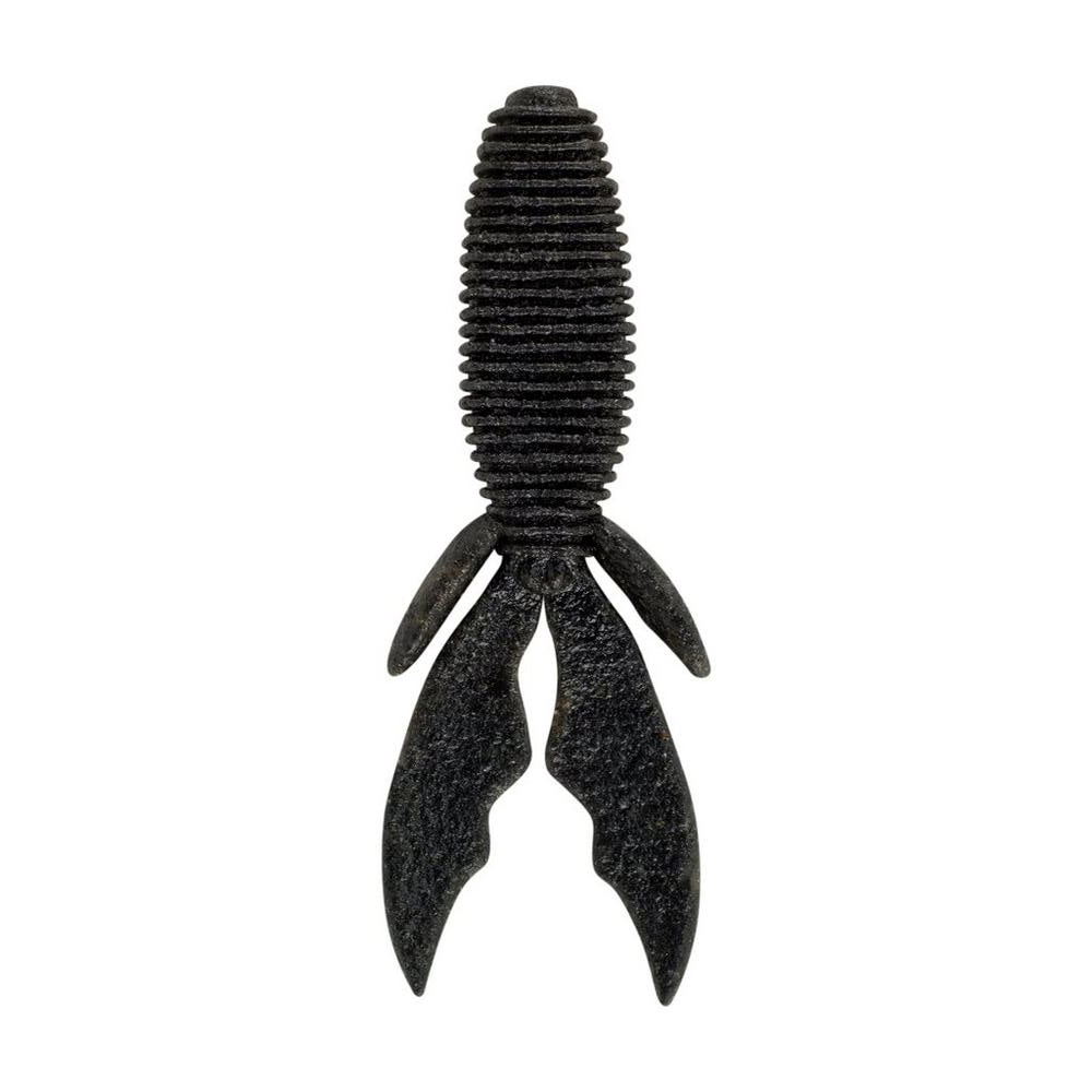 The Berkley PowerBait MaxScent Creature Hawg in black features a textured, ribbed body with two large flared appendages resembling tails or fins. It offers life-like action and emits an irresistible scent field to attract fish.