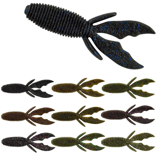 The Berkley PowerBait MaxScent Creature Hawg includes eight rubber lures resembling crawfish, with a ribbed body and claw-like appendages for lifelike action. Available in black, brown, green, and multicolored specks, these lures emit an irresistible scent field to attract fish.