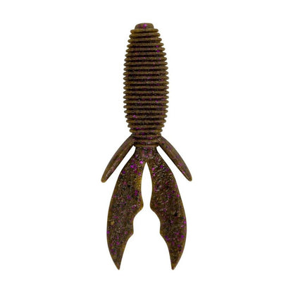 The Berkley PowerBait MaxScent Creature Hawg is a brown and purple speckled plastic fishing lure, shaped like a small crustacean with a ribbed body and split tail fins, providing life-like action in water. Enhanced with MaxScent, it creates an irresistible scent field to attract fish.