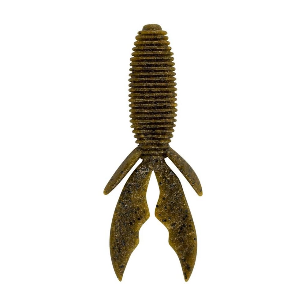 The Berkley Powerbait MaxScent Creature Hawg is a brown ribbed lure with a cylindrical body and three fin-like appendages, providing lifelike action and an enhanced scent field to help attract your next big catch.