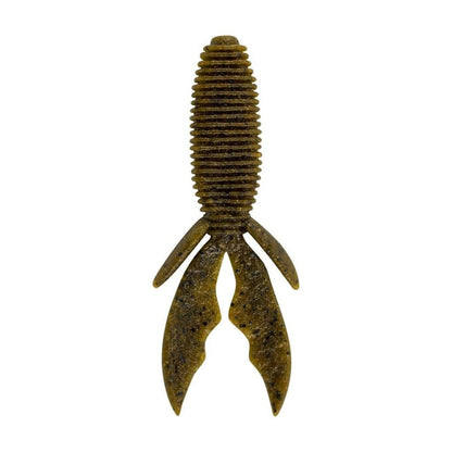 The Berkley Powerbait MaxScent Creature Hawg is a brown ribbed lure with a cylindrical body and three fin-like appendages, providing lifelike action and an enhanced scent field to help attract your next big catch.