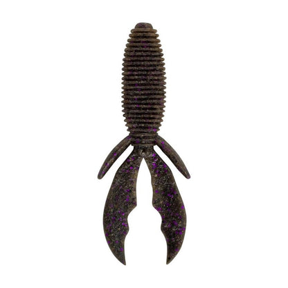 The Berkley Powerbait MaxScent Creature Hawg, crafted by Berkley, is a fishing lure shaped like a crawfish with a textured body and claw-like appendages that offers life-like action. Its dark brown color with purple speckles generates an enticing scent field for fish.