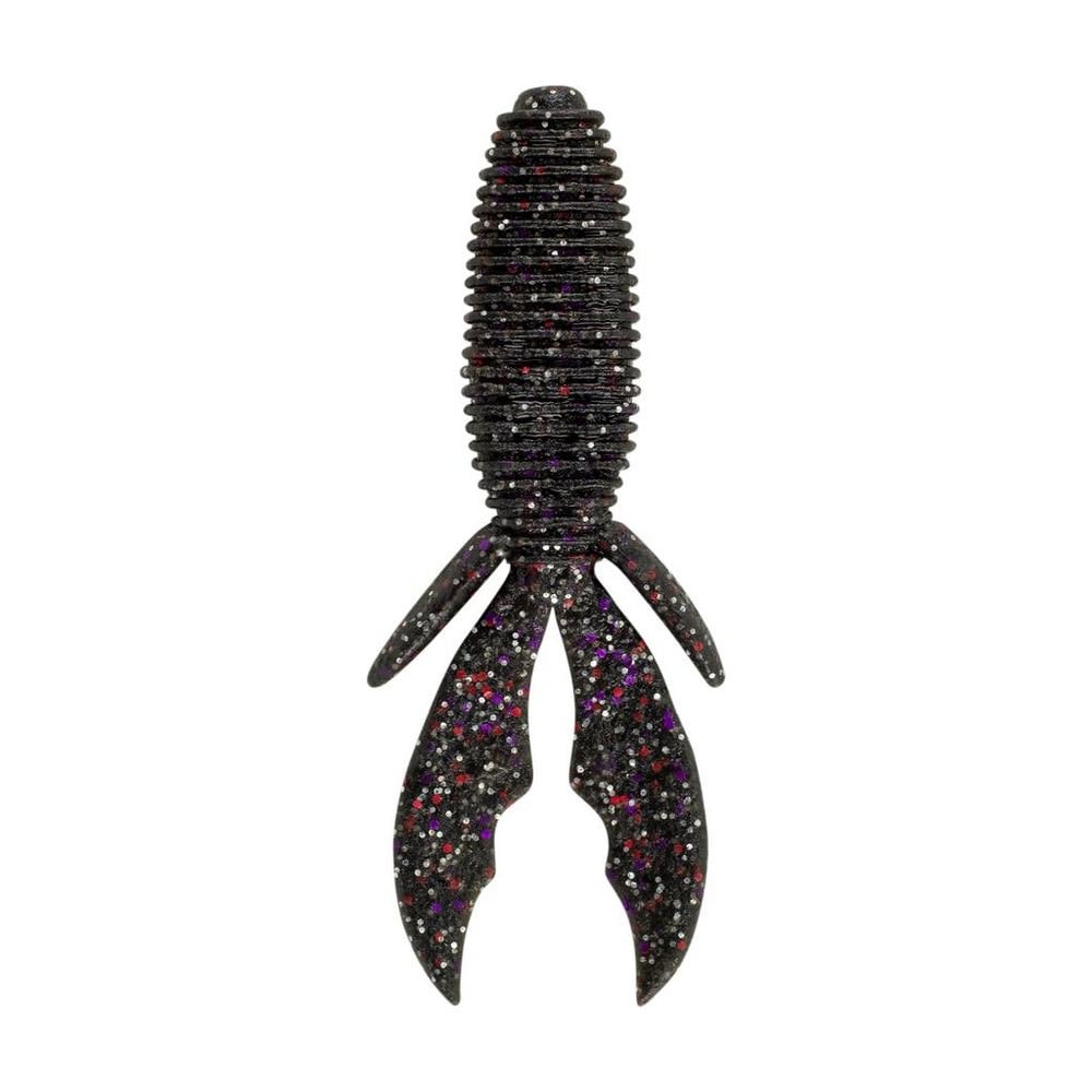 The Berkley Powerbait MaxScent Creature Hawg is a black, ribbed lure with rocket or insect-like shape, featuring two curved appendages and colorful glitter dots in pink, purple, and white. Designed for lifelike action, it effectively attracts fish from afar.