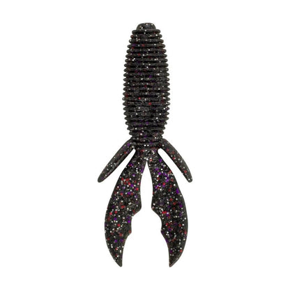 The Berkley Powerbait MaxScent Creature Hawg is a black, ribbed lure with rocket or insect-like shape, featuring two curved appendages and colorful glitter dots in pink, purple, and white. Designed for lifelike action, it effectively attracts fish from afar.