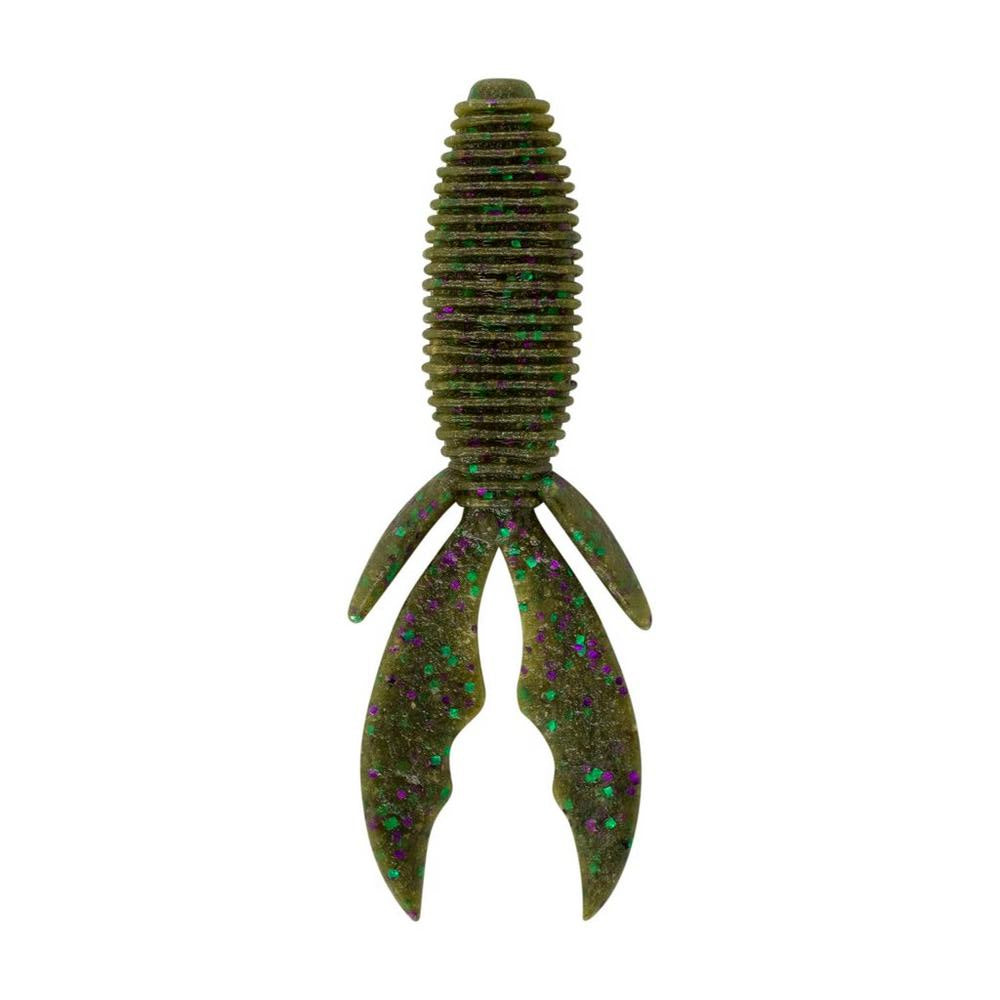 The Berkley Powerbait MaxScent Creature Hawg by Berkley is a green soft plastic lure with a ribbed body and two curved, flared tails. It features purple and blue glitter and life-like action enhanced by MaxScent, making it irresistible to fish.