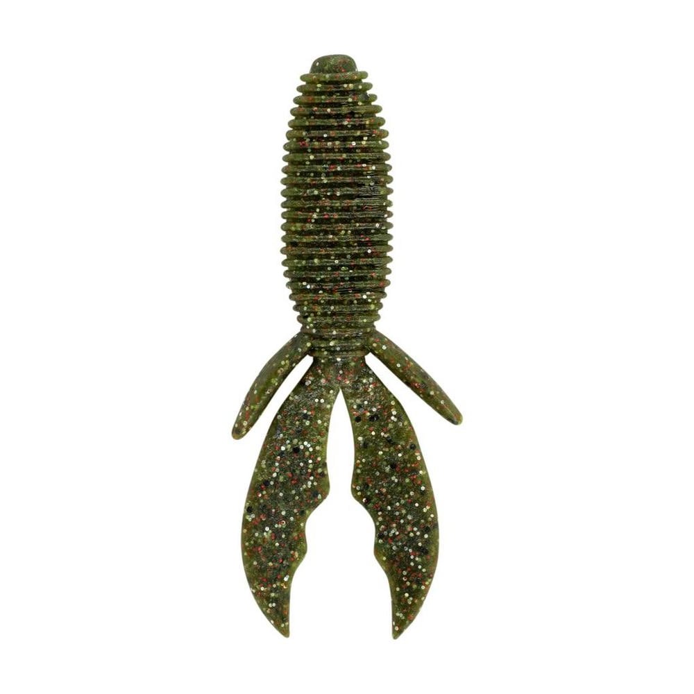 The Berkley PowerBait MaxScent Creature Hawg by Berkley is a green squid-shaped lure with a textured body and two long, pointed tails. It boasts life-like action, with a speckled design featuring black and glittery spots enhanced by PowerBait MaxScent for an irresistible scent field.