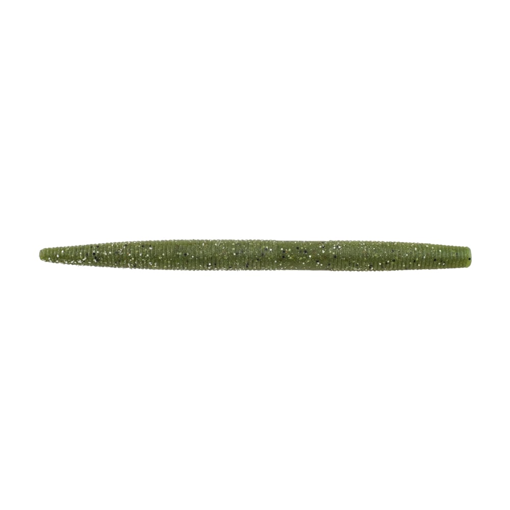 A ribbed, worm-like, green object resembling the PowerBait MaxScent The General by Berkley rests on a plain white background.