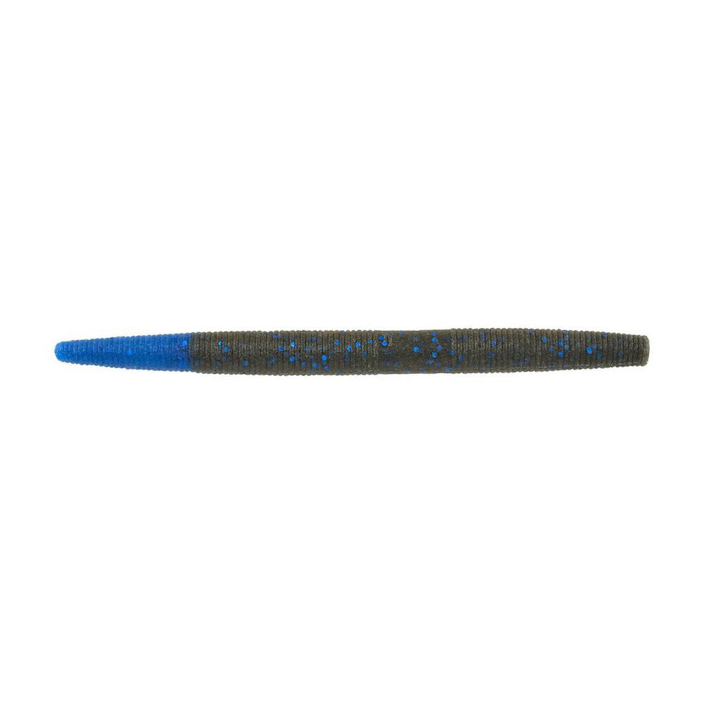 The Berkley PowerBait MaxScent The General stick bait by Berkley has a straight, ribbed design with a blue tip that transitions into a green body speckled with blue dots, ideal for finesse presentations.