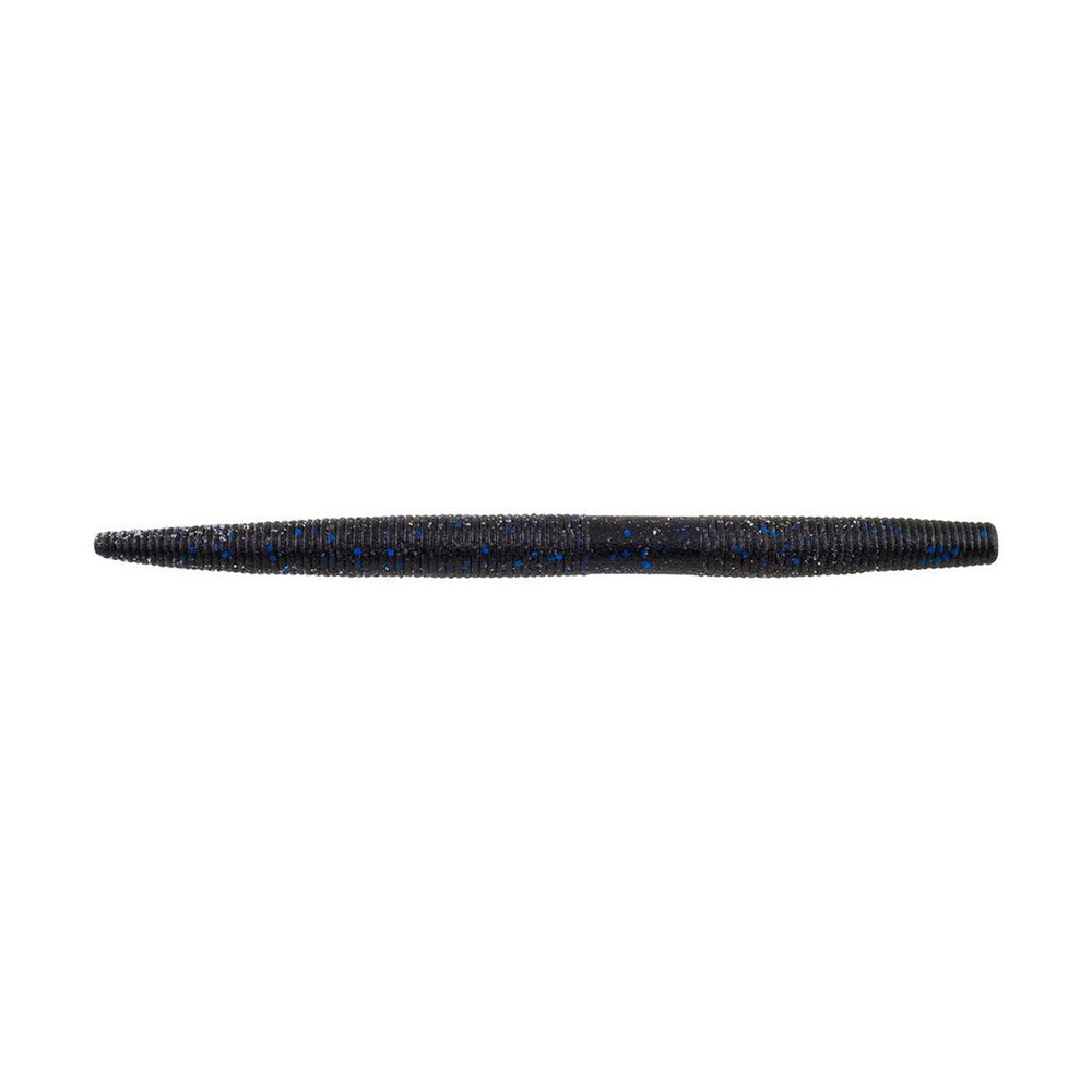 The Berkley Powerbait MaxScent The General by Berkley is a long, slender bait with dark color and blue speckles. Its tapering shape and rounded ends resemble a stick bait, making it perfect for finesse presentations in various fishing conditions.