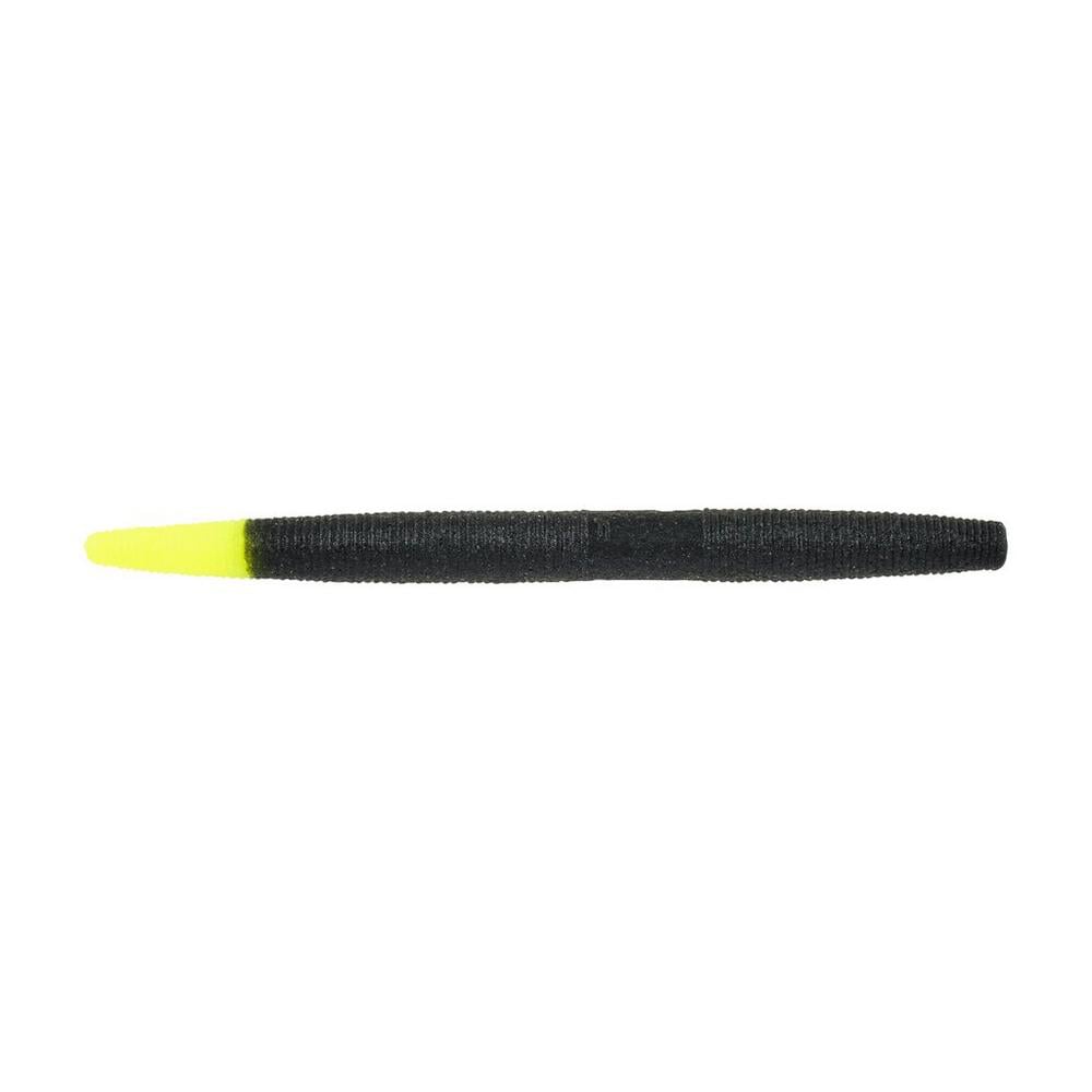 The Berkley Powerbait MaxScent The General, perfect for finesse presentations, has a segmented texture and dark color with a vivid yellow tip. It's designed against a plain white background to attract attention without being overwhelming.