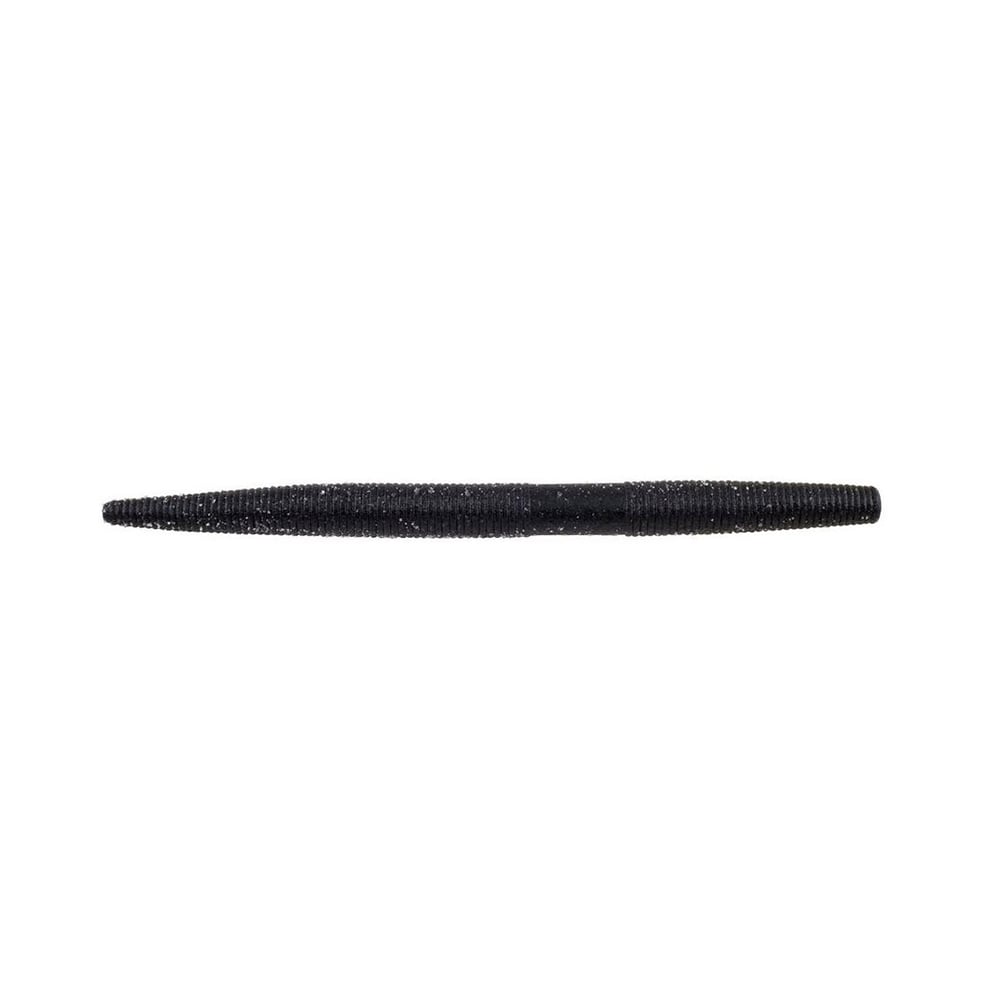 The Berkley Powerbait MaxScent The General, by Berkley, is a black, ribbed lure with a cylindrical design and tapered end. Ideal for finesse presentations, it offers subtle stick bait action against a striking white backdrop.