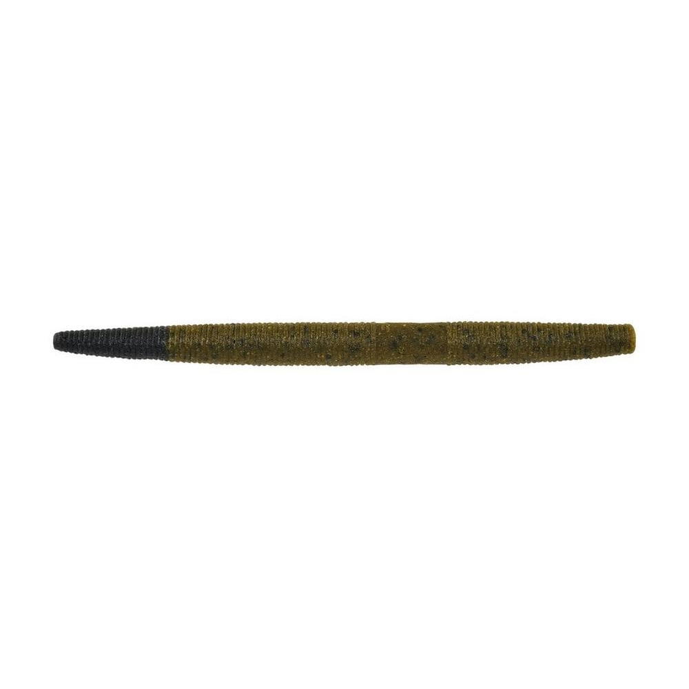 The Berkley Powerbait MaxScent The General by Berkley is a cylindrical, ribbed fishing lure with a dark green body and black tail, resembling a worm. Perfect for finesse presentations, it mimics natural prey effectively to entice bites.