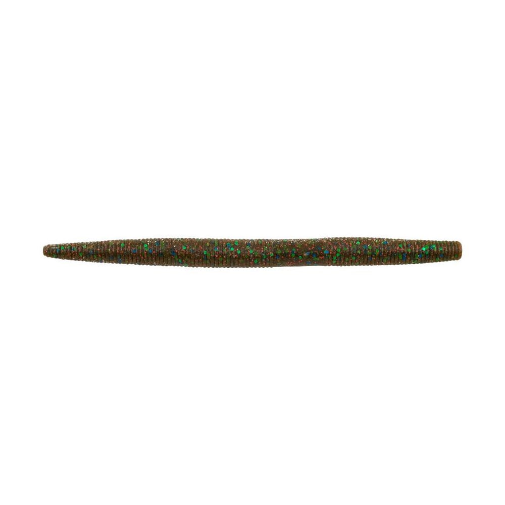 The Berkley Powerbait MaxScent The General by Berkley is a slender, tapered brown stick bait with a textured surface and green and red specks, ideal for finesse presentations. It's presented horizontally on a plain white background, highlighting its subtle allure.