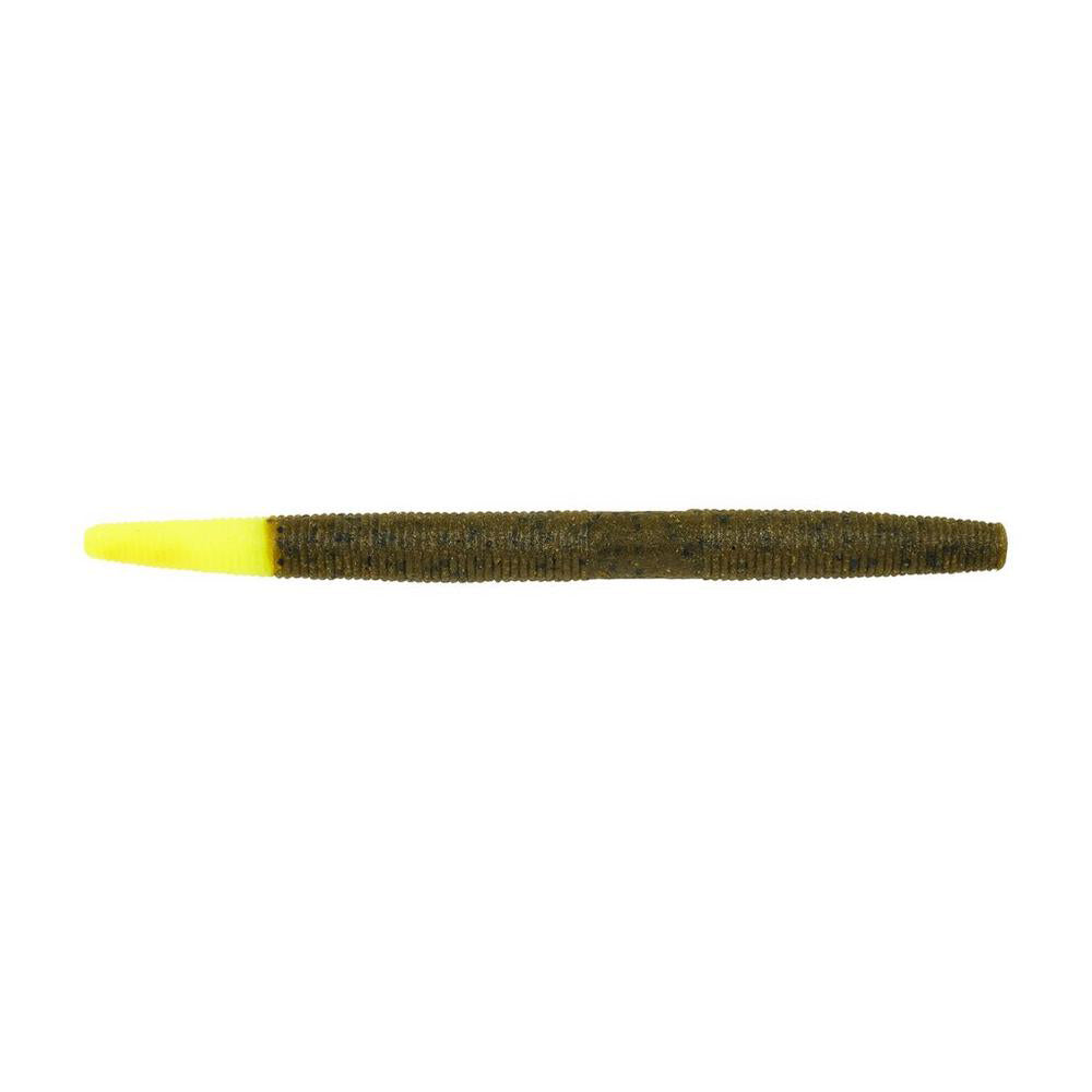 The Berkley Powerbait MaxScent The General is a brown, ribbed cylindrical bait with a bright yellow end, designed to mimic soft, segmented worms for finesse presentations and entice cautious fish.