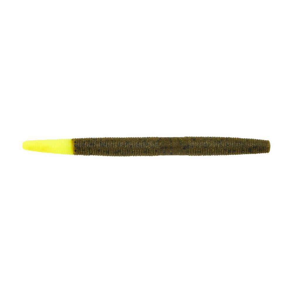 The Berkley Powerbait MaxScent The General by Berkley features a straight, ribbed design with a dark body and bright yellow tip, ideal for finesse presentations in freshwater fishing, enhancing your angling experience.