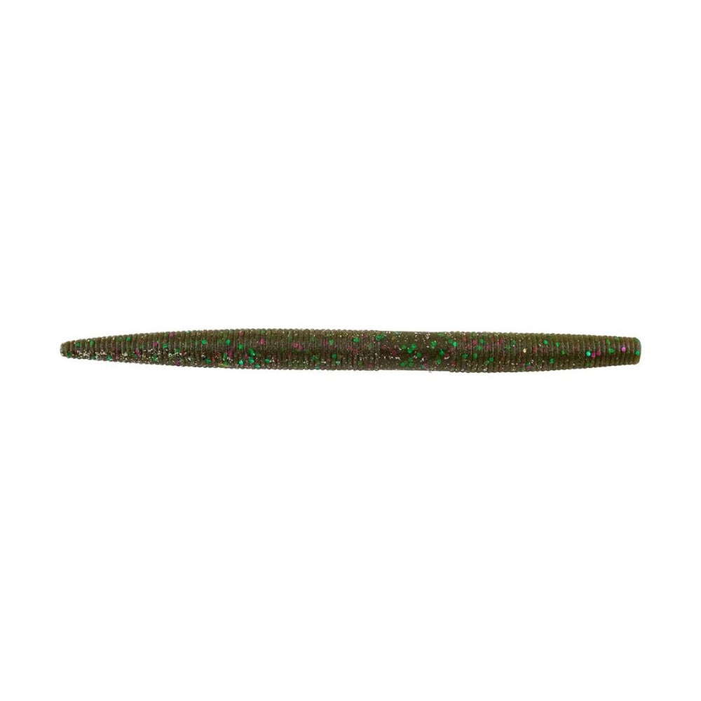 The Berkley Powerbait MaxScent The General by Berkley is a green, worm-shaped fishing lure with sparkles. It features a textured cylindrical surface that tapers at both ends, ideal for finesse presentations.