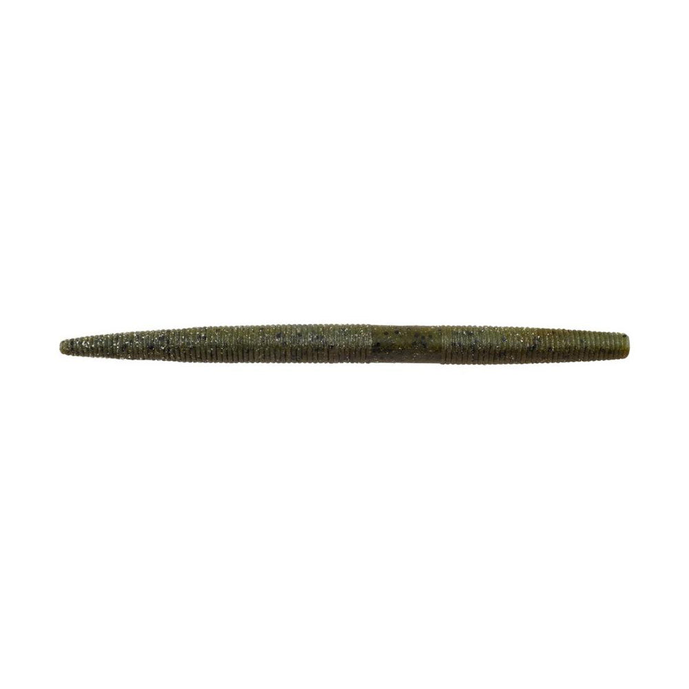 A green, textured, cylindrical lure with a tapered shape lies horizontally against a white background. Designed for finesse presentations, it resembles the Berkley Powerbait MaxScent The General to attract cautious fish.