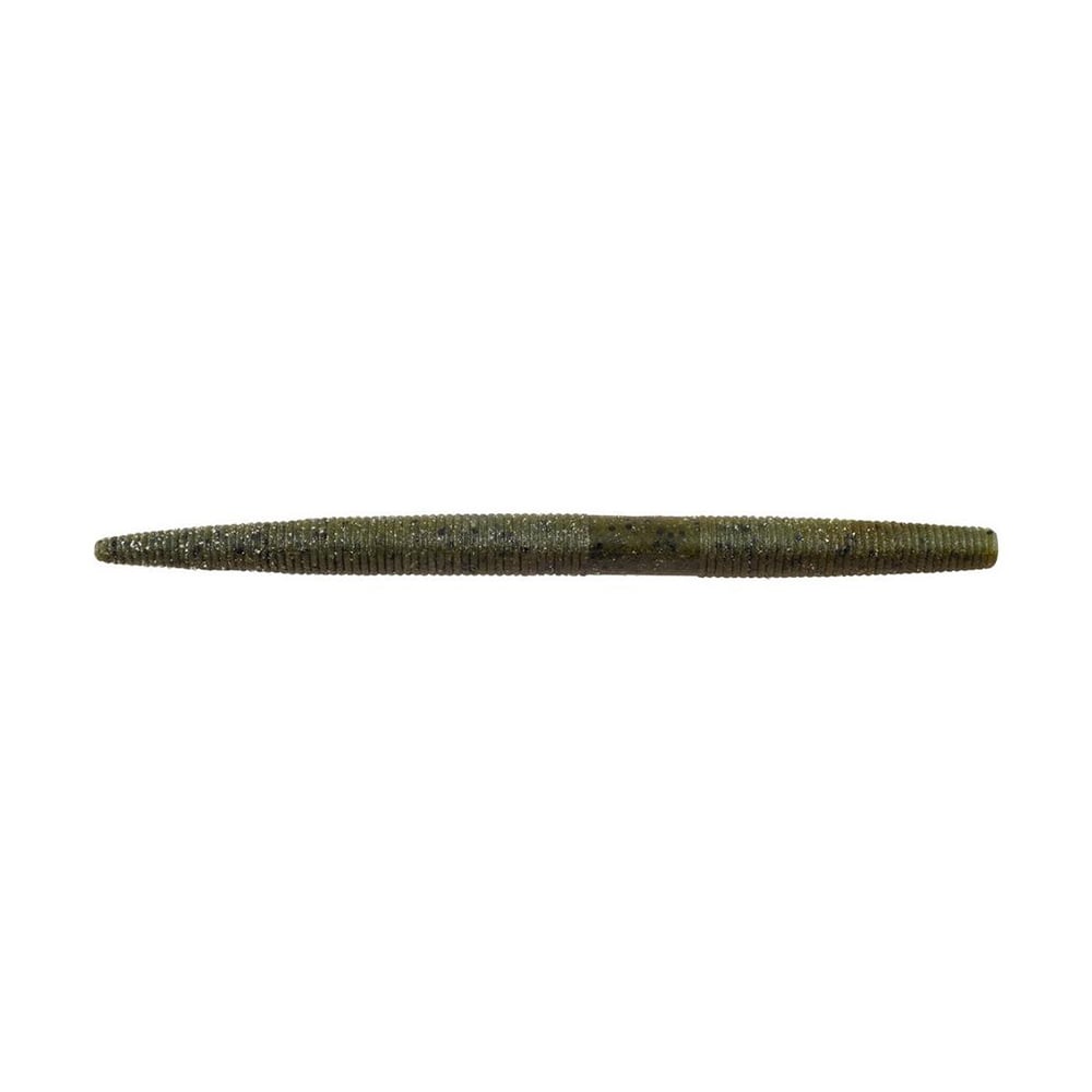 Berkley's Powerbait MaxScent The General is a green, tapered, segmented worm-like lure ideal for finesse presentations. Its textured surface mimics soft plastic baits commonly used in bass fishing, and the color remains consistent throughout with no extra markings.