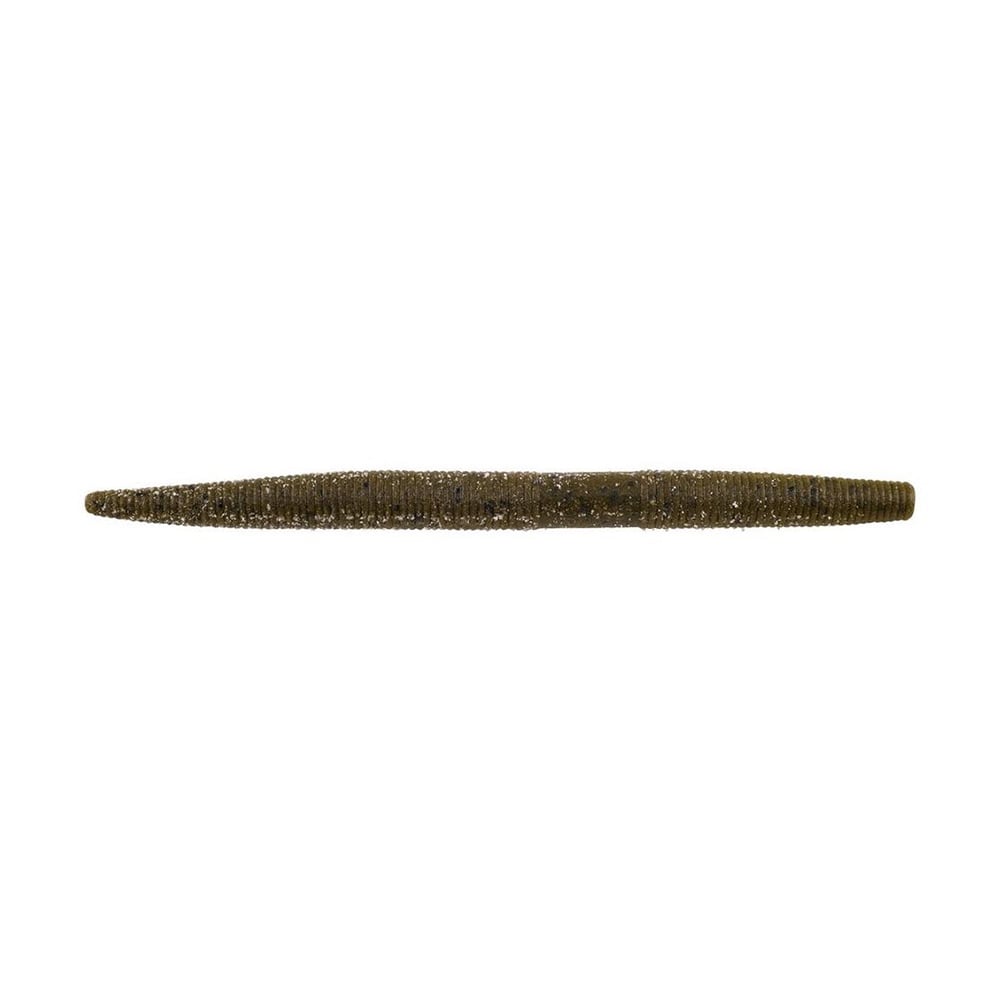 The Berkley Powerbait MaxScent The General is a brown, tapered, ribbed stick bait resembling a worm. Ideal for finesse presentations, it lies horizontally against a white background and entices catches with its lifelike appeal.