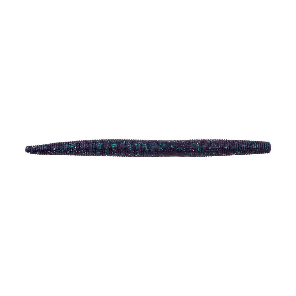 The Berkley Powerbait MaxScent The General is a dark, cylindrical bait with a textured surface speckled in blue and green. It tapers slightly at one end, ideal for finesse presentations.