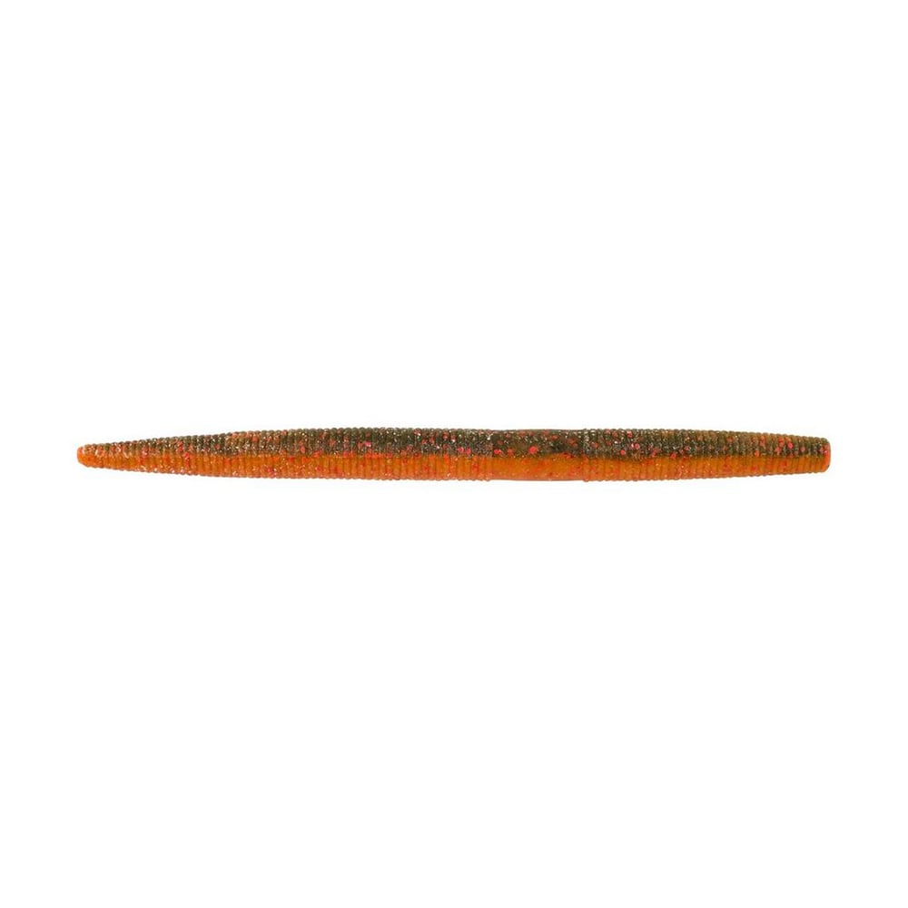 The Berkley Powerbait MaxScent The General from Berkley is a long, cylindrical rubber fishing lure with green and orange hues. Its textured surface and color gradients make it an ideal stick bait for finesse presentations, effectively attracting fish.