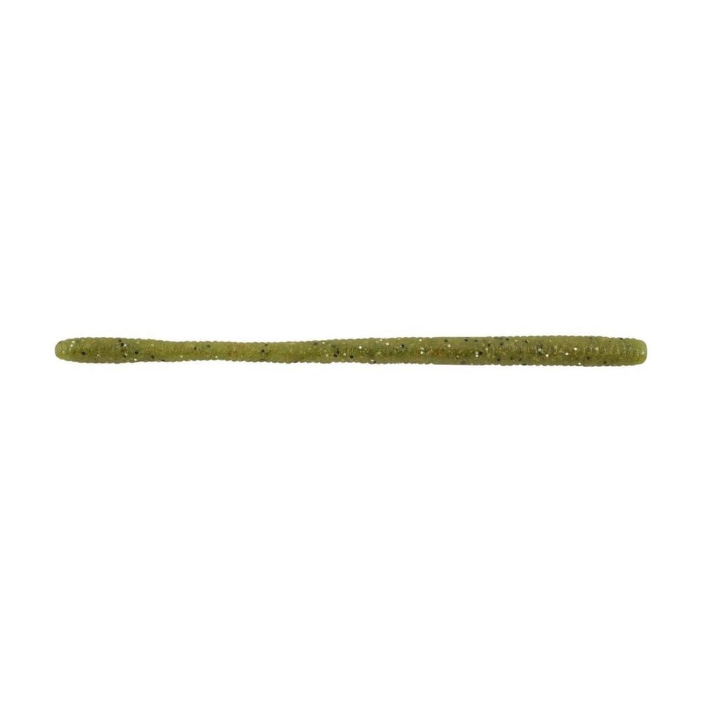 The Berkley PowerBait MaxScent D-Worm, featuring a textured surface and thin worm shape in green, is ideal for finesse presentations and is crafted to entice even the most cautious fish.