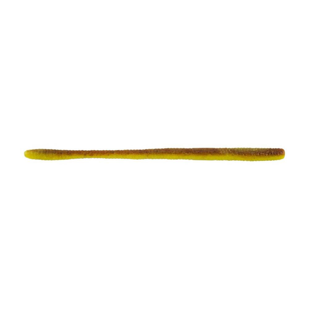 The Berkley Powerbait MaxScent D-Worm is a lifelike plastic fishing lure, featuring a gradient of yellow and brown that authentically replicates a real worm for finesse presentations, displayed against a plain white background.