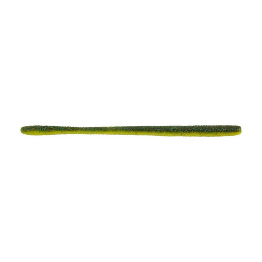 The Berkley PowerBait MaxScent D-Worm, offered by Berkley, is a sleek and streamlined fishing lure featuring green and yellow hues similar to a shaky head worm, presented against a white background. Its subtly textured surface is designed to mimic natural bait, making it perfect for finesse fishing techniques.