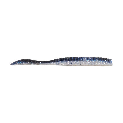 The Berkley Powerbait MaxScent Flat Worm by Berkley is a soft plastic fishing lure that features a ribbed body with a color gradient from dark blue on top to lighter blue and silver on the underside. Equipped with Powerbait MaxScent technology, it creates an enticing scent field to attract fish, making it an ideal choice for drop shot baiting and mimicking small fish or worms.