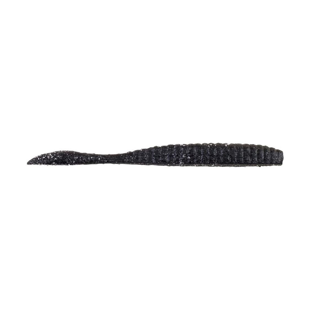 The Berkley Powerbait MaxScent Flat Worm, a black ribbed soft plastic fishing lure with a flat, tapered tail, is displayed against a white background. It features the advanced scent field of Powerbait MaxScent by Berkley for enhanced attraction.