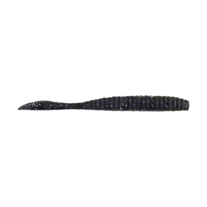 The Berkley Powerbait MaxScent Flat Worm, a black ribbed soft plastic fishing lure with a flat, tapered tail, is displayed against a white background. It features the advanced scent field of Powerbait MaxScent by Berkley for enhanced attraction.