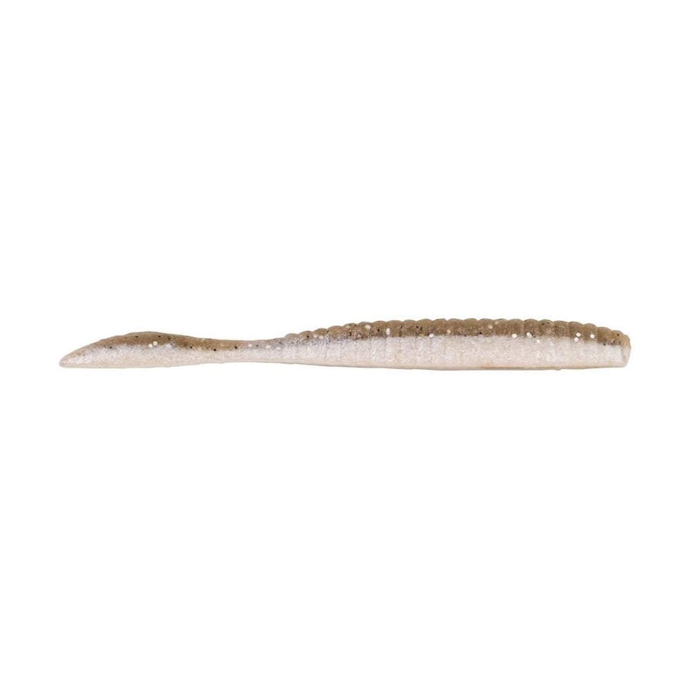 The Berkley Powerbait MaxScent Flat Worm, by Berkley, is a soft plastic lure in brown and white designed to resemble a worm. Ideal for fishing, this drop shot bait has a ribbed texture and tapers to a pointed end. It incorporates the Powerbait MaxScent technology to create an enhanced scent field that attracts more fish.