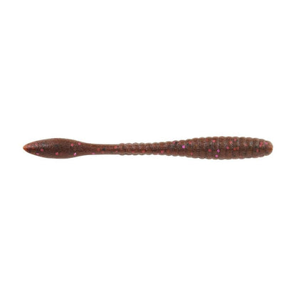 A close-up of the Berkley Powerbait MaxScent Flat Worm by Berkley, featuring a brown, ribbed plastic design with purple and red flecks. This lure, ideal for drop shot techniques, tapers at both ends with a slightly wider midsection and emits an enticing scent field to attract fish.