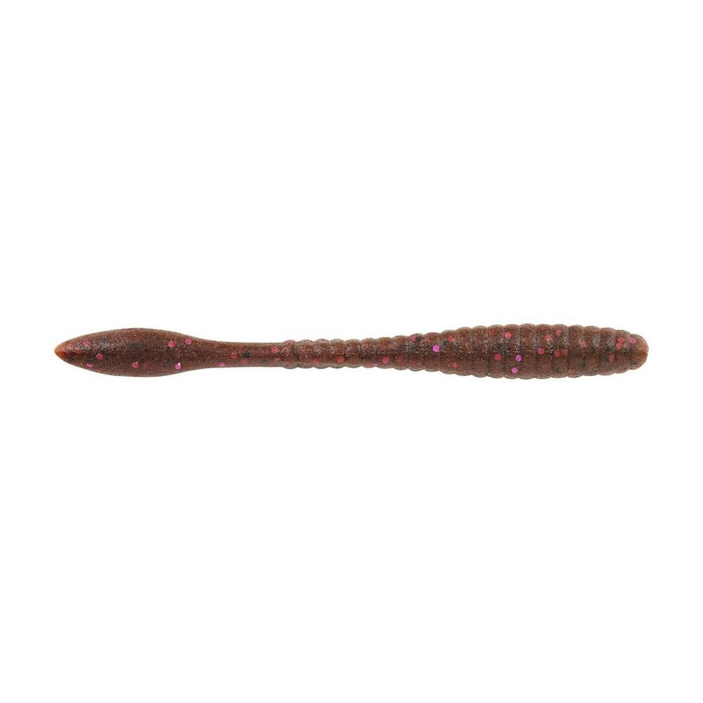 The Berkley Powerbait MaxScent Flat Worm by Berkley is a brown, textured fishing lure designed to resemble a worm with a tapered end and subtle pink speckles along its body. Ideal for finesse presentations, this drop shot bait emits an enticing scent to attract even the most elusive fish.